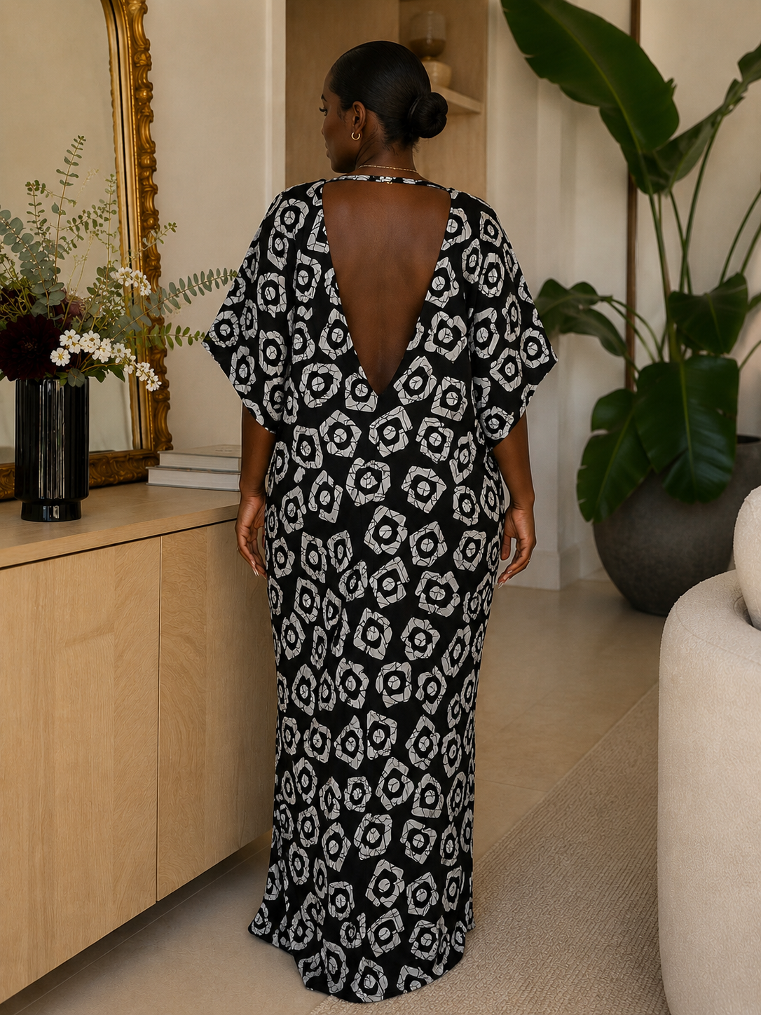 Abstract Square Print Open Back Oversized Maxi Dress BouBou Kaftan