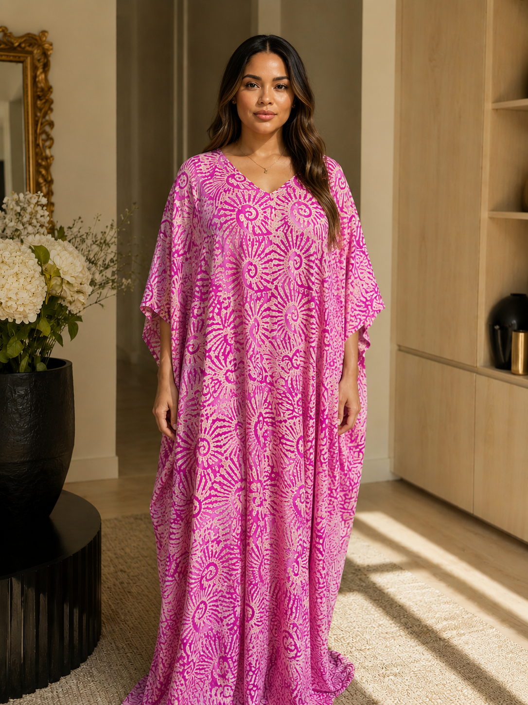 Multicolour Adire Print Open Back Oversized Maxi Dress Kaftan BouBou Size 8 -14 - Pink