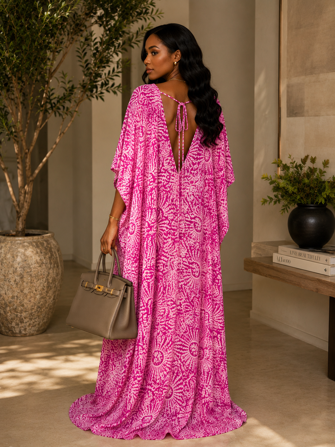 Multicolour Adire Print Open Back Oversized Maxi Dress Kaftan BouBou Size 8 -14 - Pink