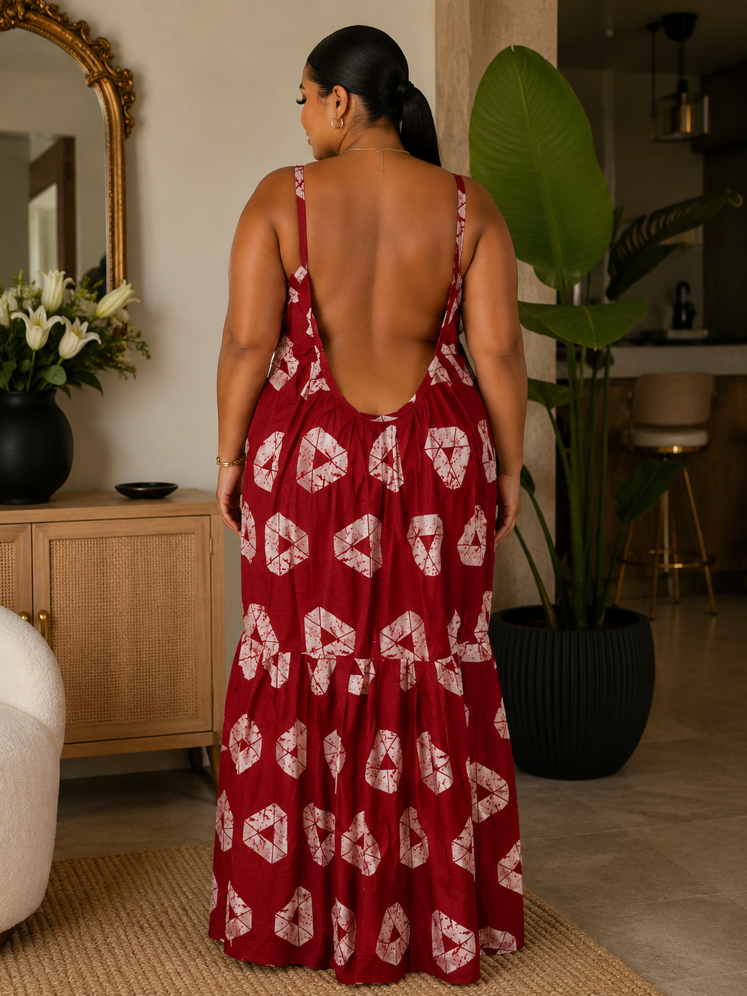 Red African Adire Maxi Dress Low Back– Geometric Print, Strappy Cami, Tiered Hem with Pockets