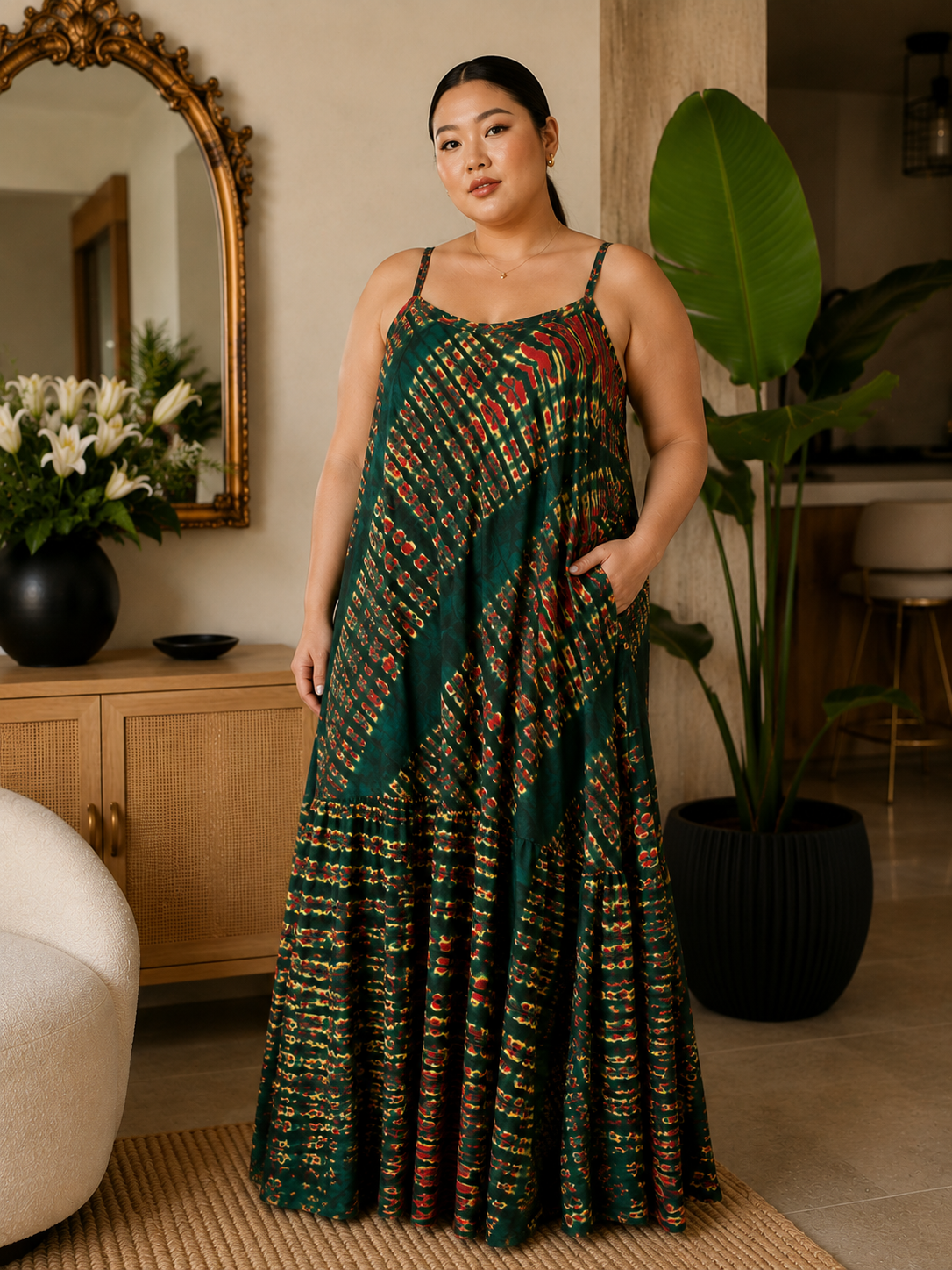 Emerald African Adire Maxi Dress – One Size (8-16) Multicolour Tie-Dye Print, Open Back, Strappy Cami, Tiered Hem with Pockets