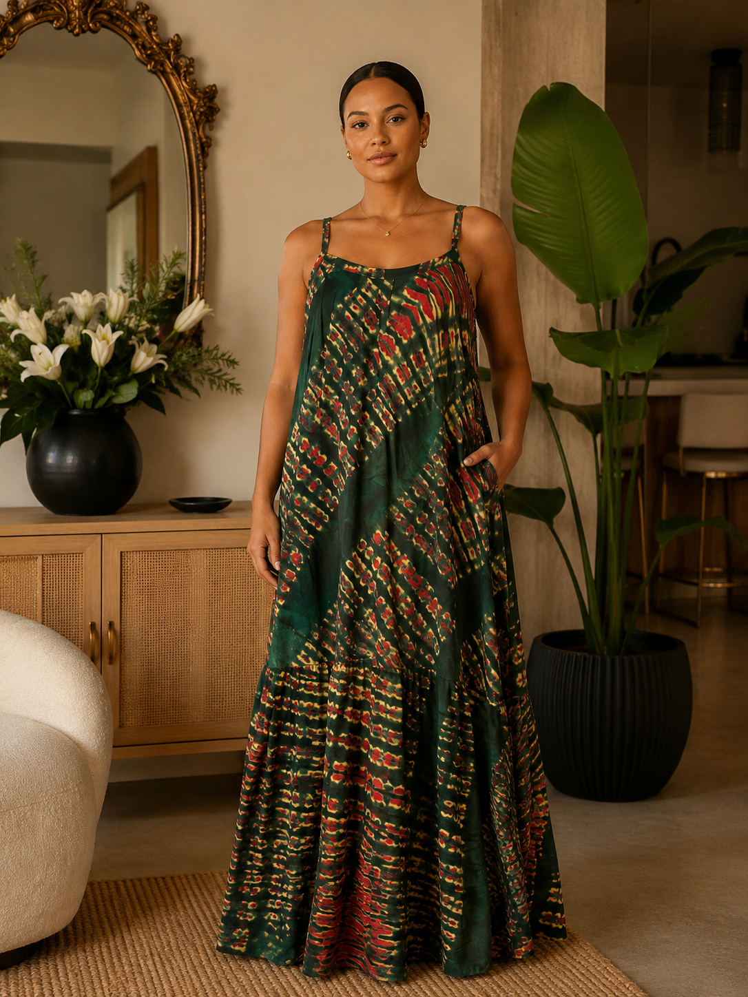 Emerald African Adire Maxi Dress – One Size (8-16) Multicolour Tie-Dye Print, Open Back, Strappy Cami, Tiered Hem with Pockets