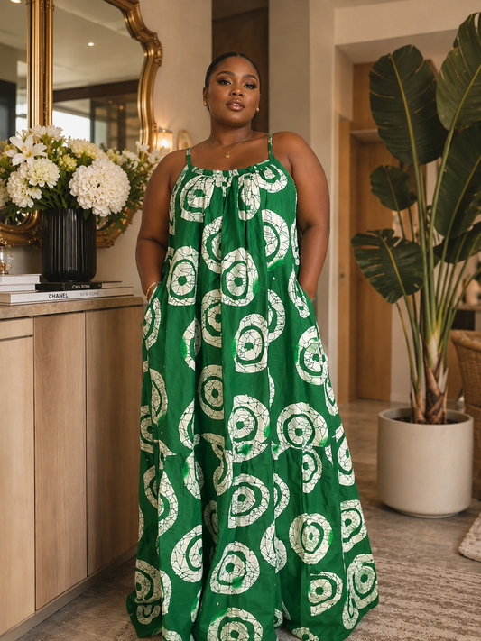 Green African Adire Maxi Dress Low Back– Geometric Print, Strappy Cami, Tiered Hem with Pockets