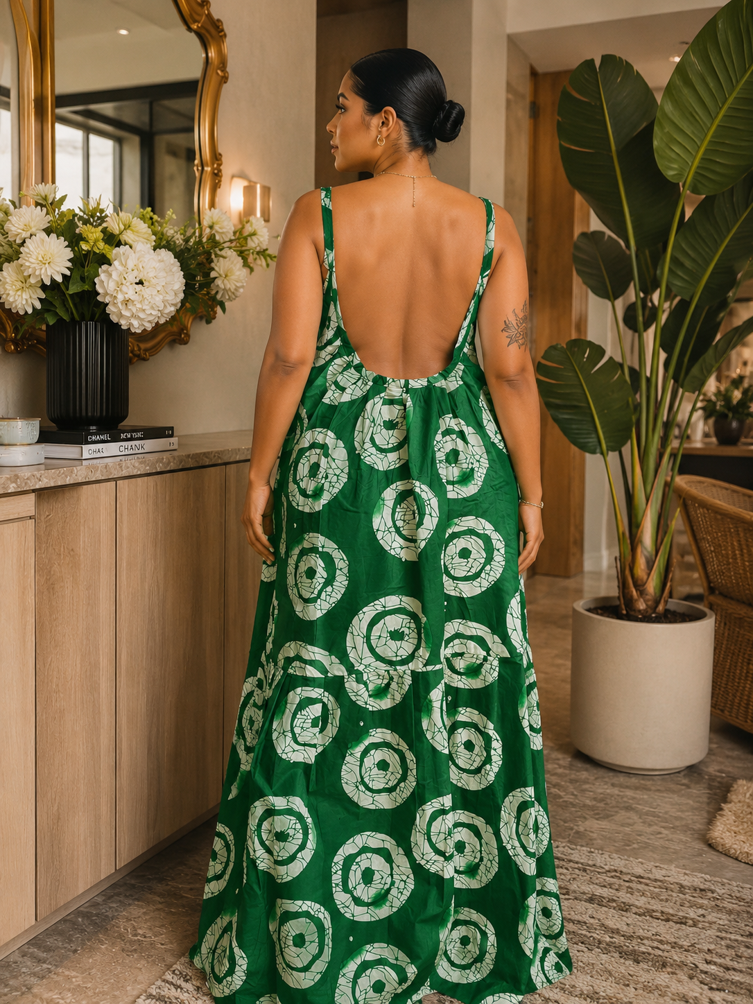 Green African Adire Maxi Dress Low Back– Geometric Print, Strappy Cami, Tiered Hem with Pockets