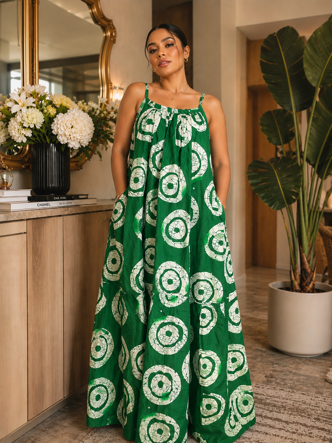 Green African Adire Maxi Dress Low Back– Geometric Print, Strappy Cami, Tiered Hem with Pockets