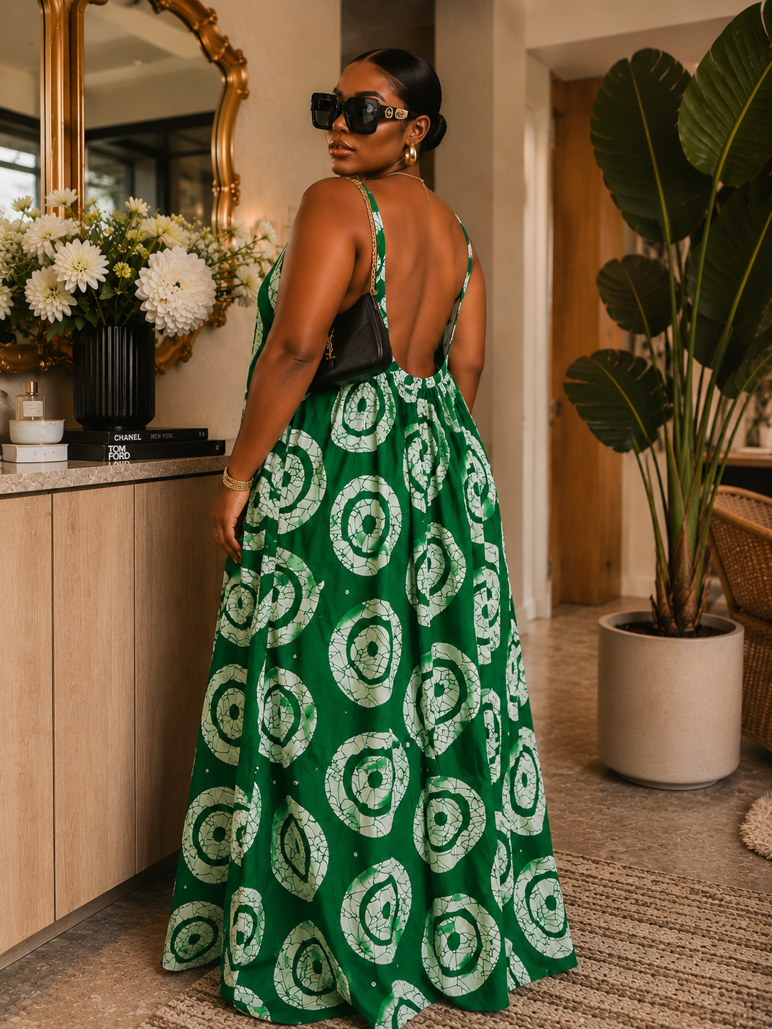 Green African Adire Maxi Dress Low Back– Geometric Print, Strappy Cami, Tiered Hem with Pockets