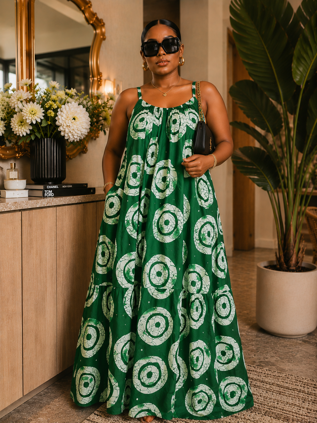 Green African Adire Maxi Dress Low Back– Geometric Print, Strappy Cami, Tiered Hem with Pockets