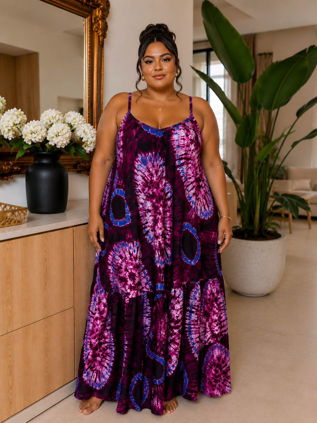 Purple  African Adire Maxi Dress Backless – Print, Strappy Cami, Tiered Hem with Pockets