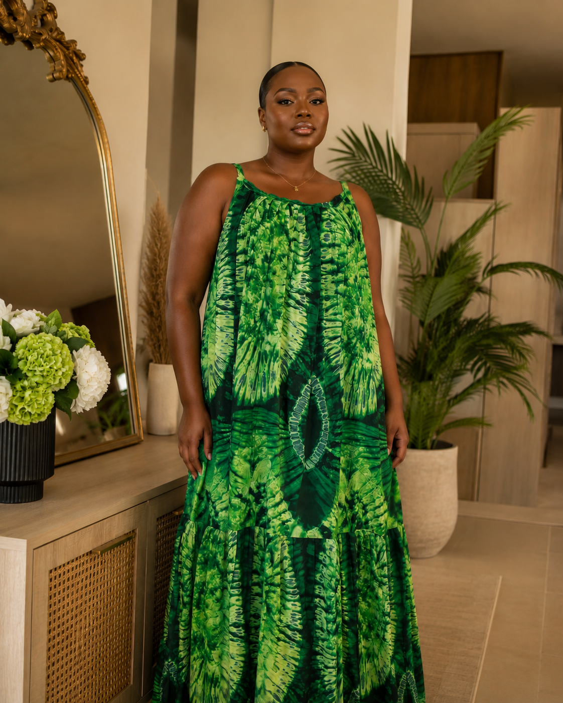 Green African Adire Maxi Dress Backless Strappy Cami, Tiered Hem with Pockets
