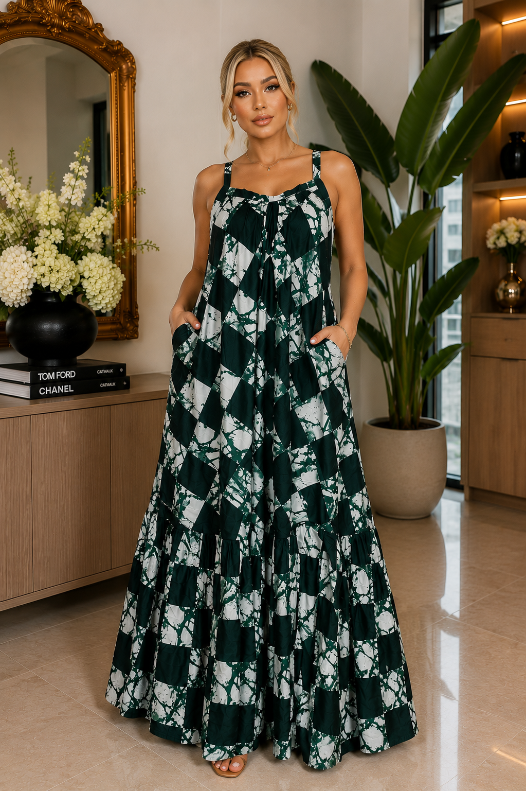 Emerald African Adire Maxi Dress Backless Strappy Cami, Tiered Hem with Pockets