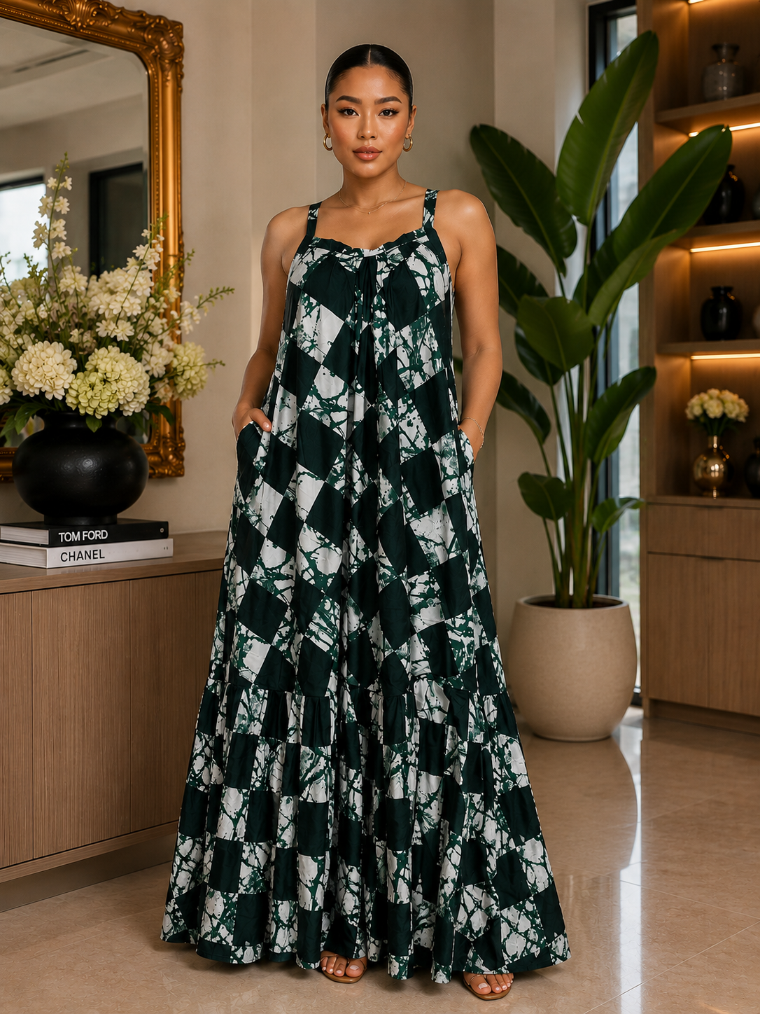 Emerald African Adire Maxi Dress Backless Strappy Cami, Tiered Hem with Pockets