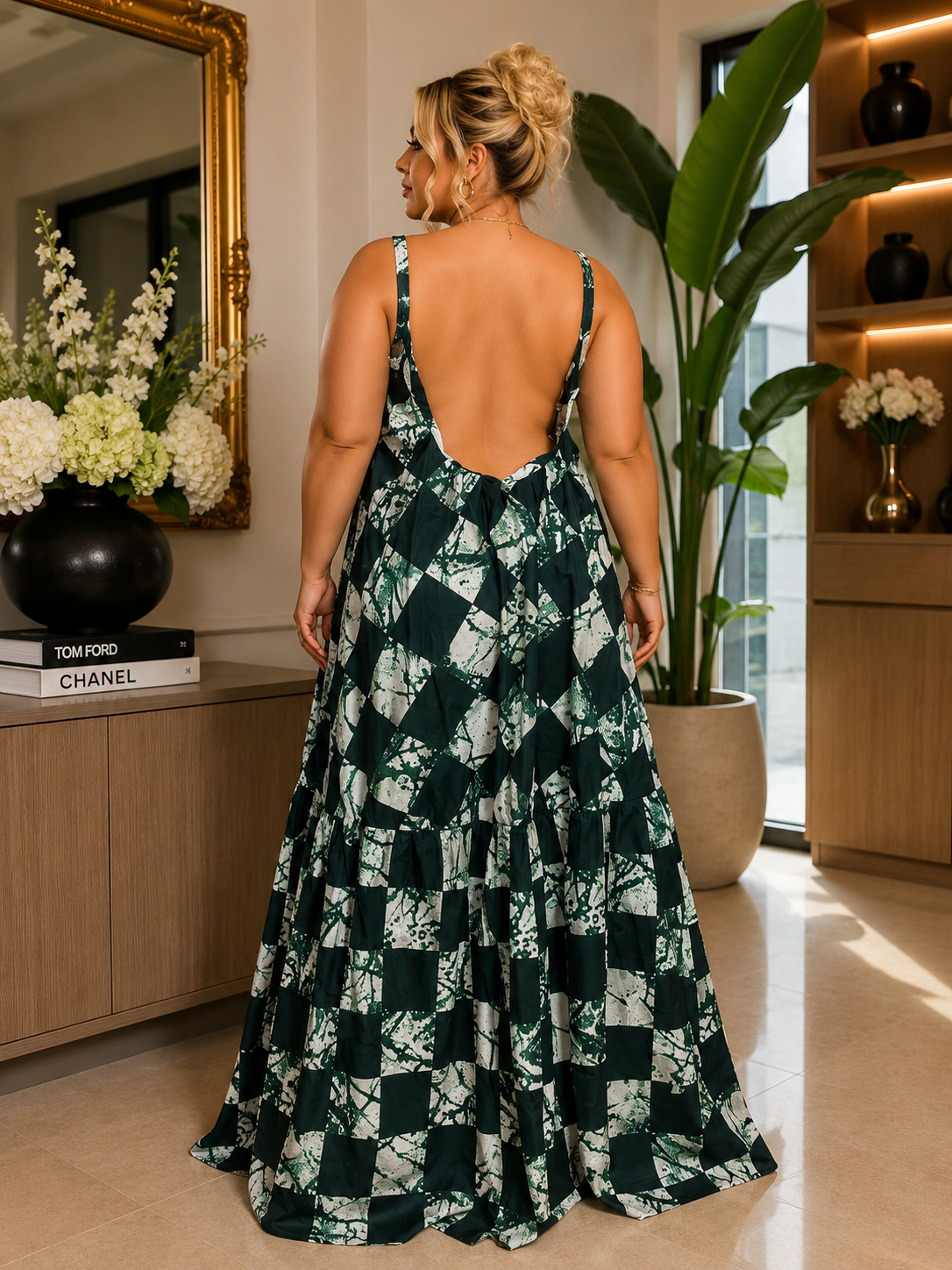 Emerald African Adire Maxi Dress Backless Strappy Cami, Tiered Hem with Pockets