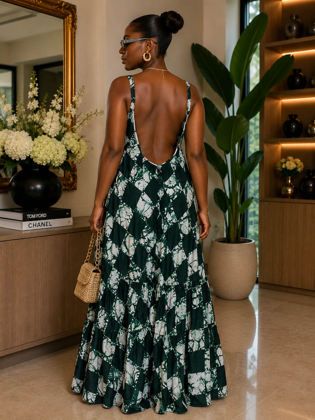 Emerald African Adire Maxi Dress Backless Strappy Cami, Tiered Hem with Pockets