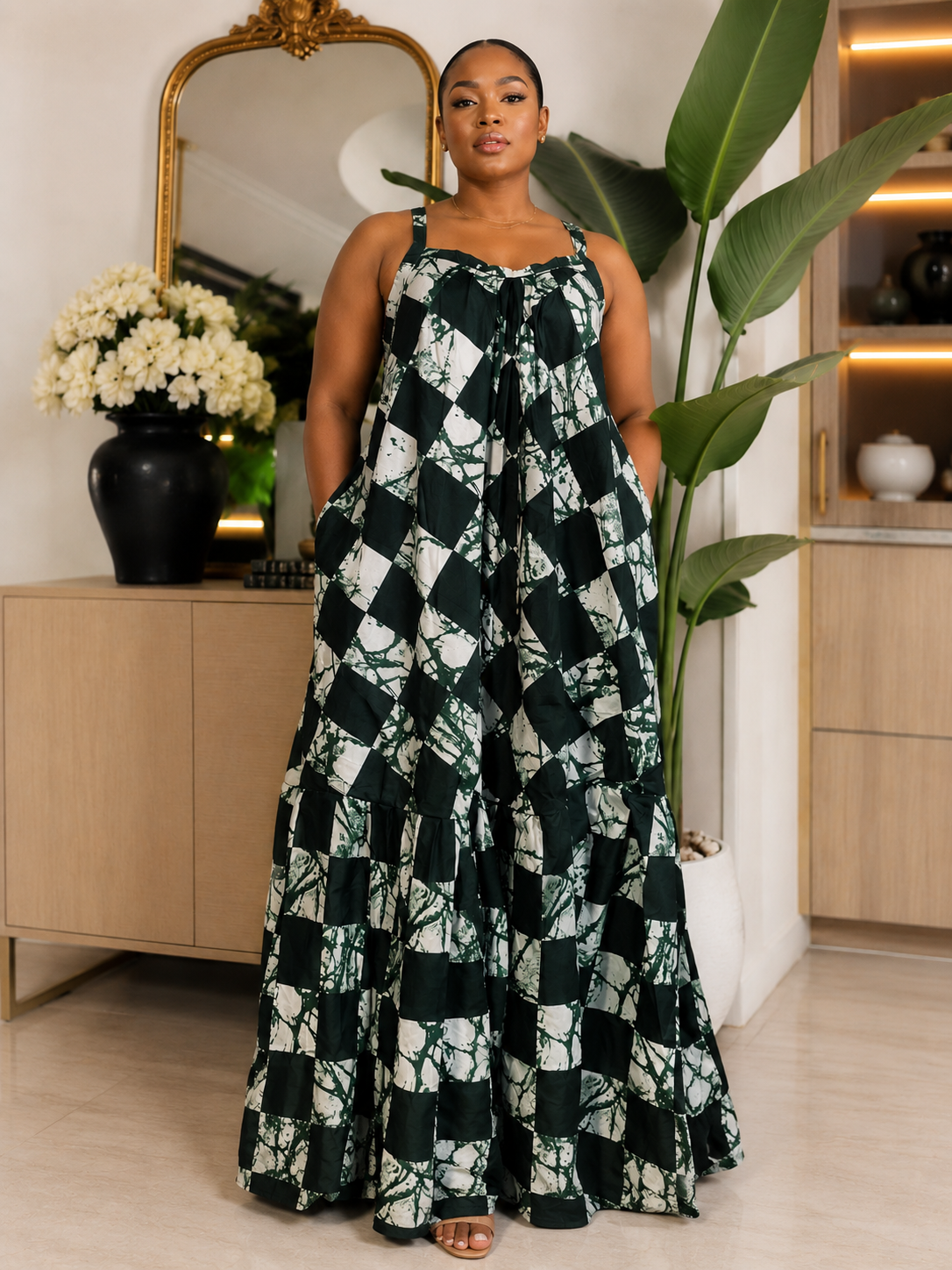 Emerald African Adire Maxi Dress Backless Strappy Cami, Tiered Hem with Pockets