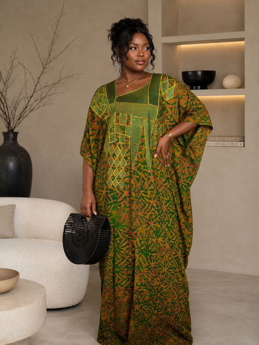 Emerald Luxe African Print Embroidered Maxi Boubou Kaftan Dress | Elegant Oversized Occasion Wear Size 8-16