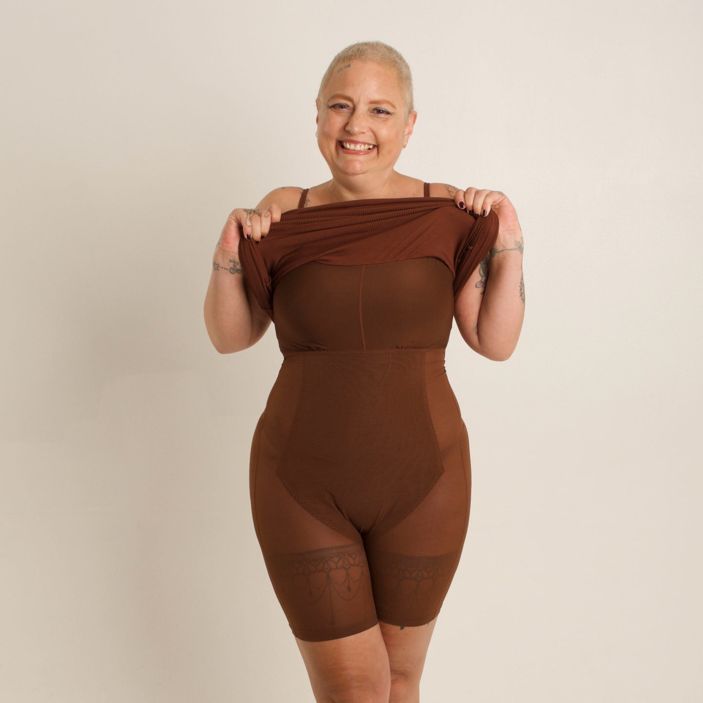 SKxN Luxe Built-in Shapewear Long Sleeves Ribbed Tummy Control Dress - Brown