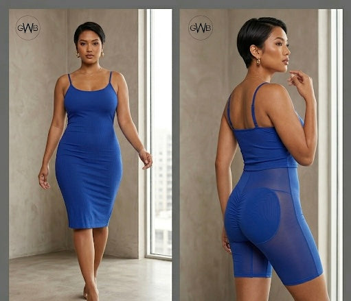 SKxN Luxe Built in Shape-wear Summer Short Midi Dress Blue