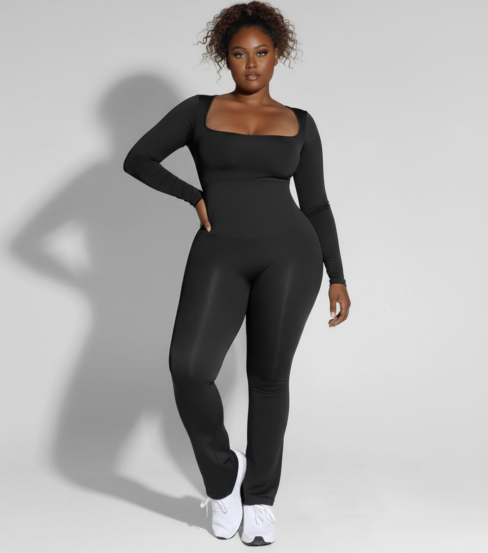 Sculpt Me Cinch Waist Flared Leg Seamless Long Sleeves Jumpsuit Black