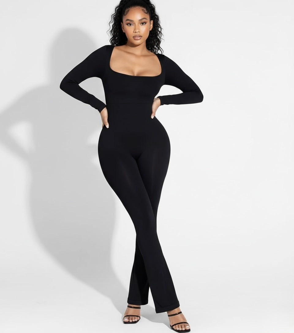 Sculpt Me Cinch Waist Flared Leg Seamless Long Sleeves Jumpsuit Black