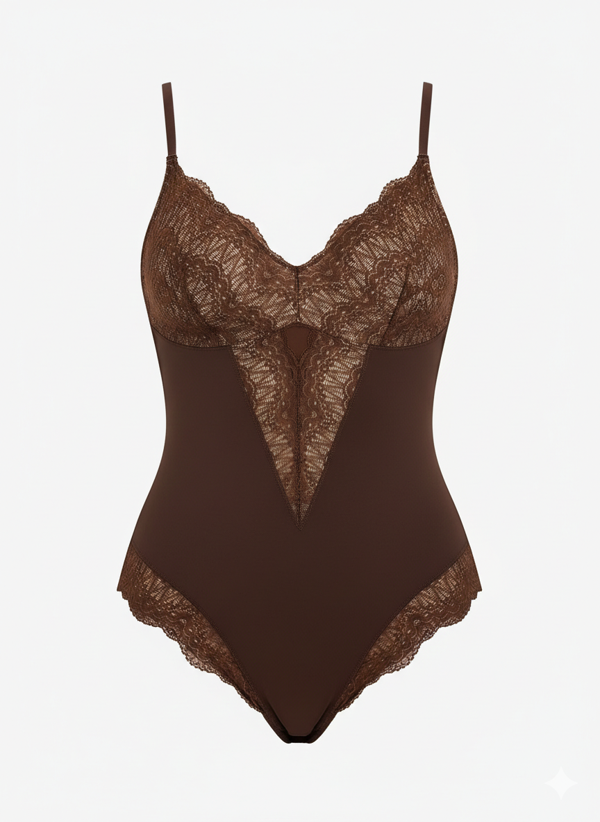 Brown lace bodysuit on a white background