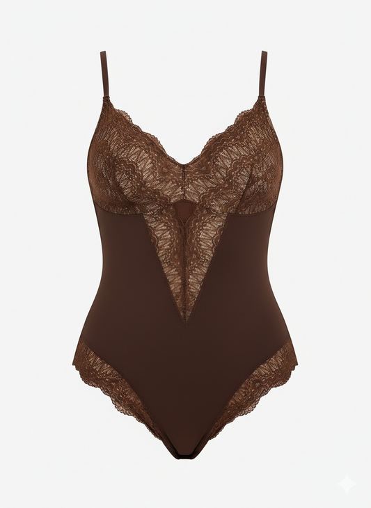 Brown lace bodysuit on a white background
