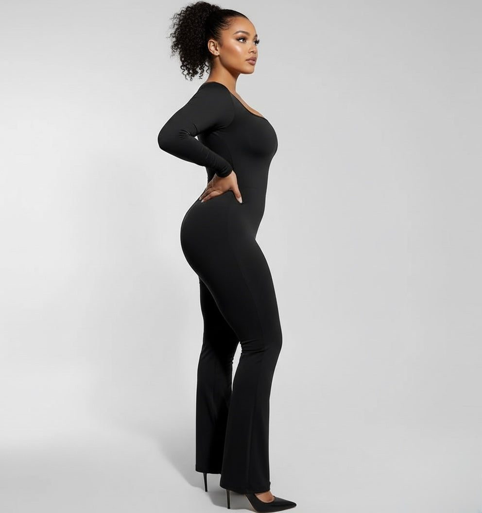 Sculpt Me Cinch Waist Flared Leg Seamless Long Sleeves Jumpsuit Black