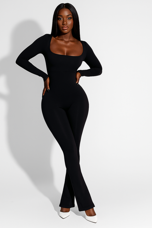 Sculpt Me Cinch Waist Flared Leg Seamless Long Sleeves Jumpsuit Black