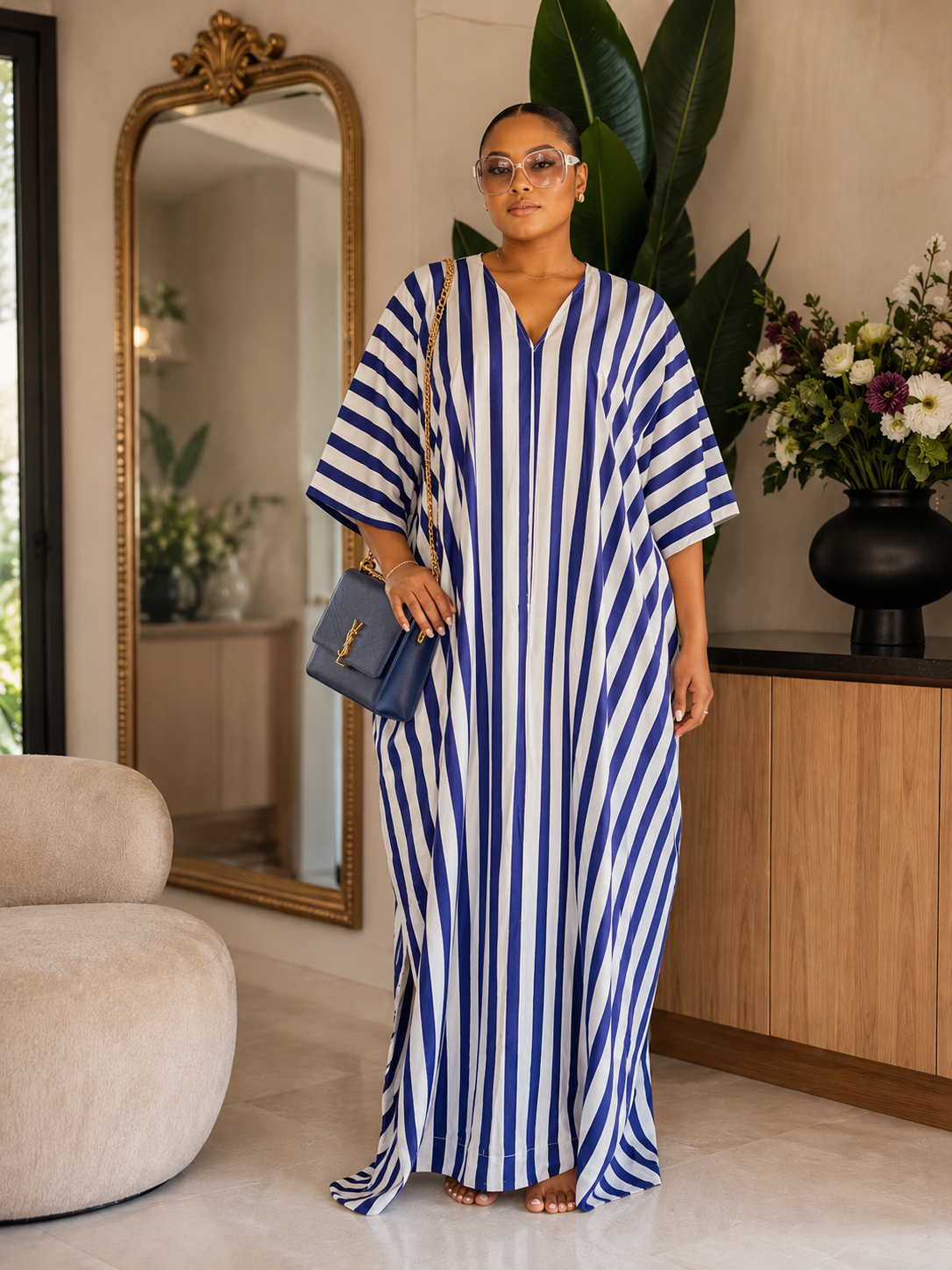 GWB Luxe Striped Maxi Kaftan BouBou Silk Summer Dress Size 8-16 - Black