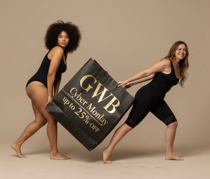 Two women pushing a large black bag with 'GWB' branding on a beige background