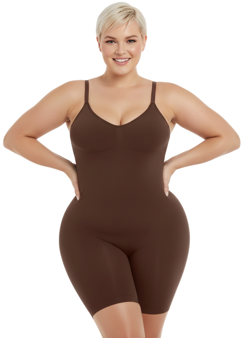 Woman wearing a brown bodysuit against a white background