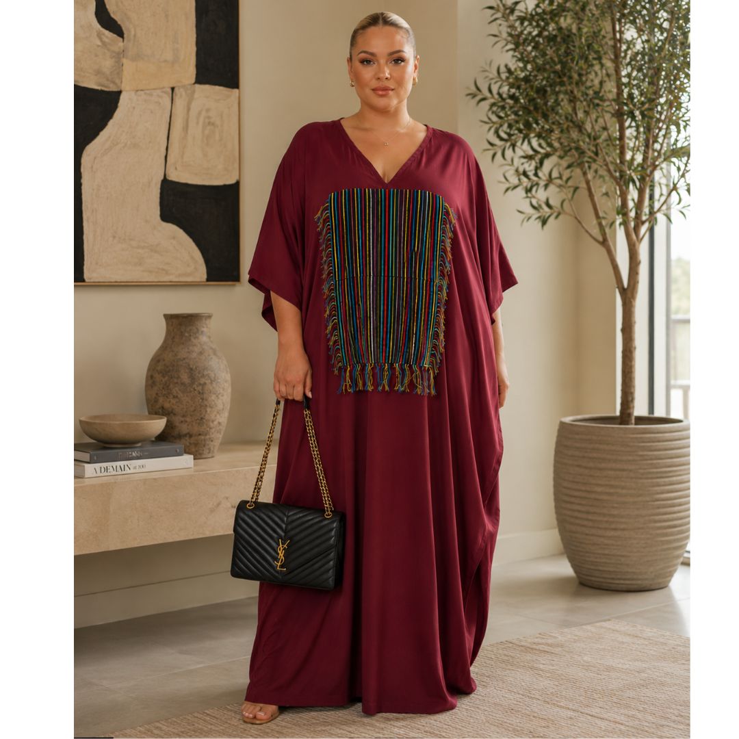Burgundy Aso-Oke Fringe Maxi Boubou Kaftan Dress | Elegant Oversized Occasion Wear Size 8-16