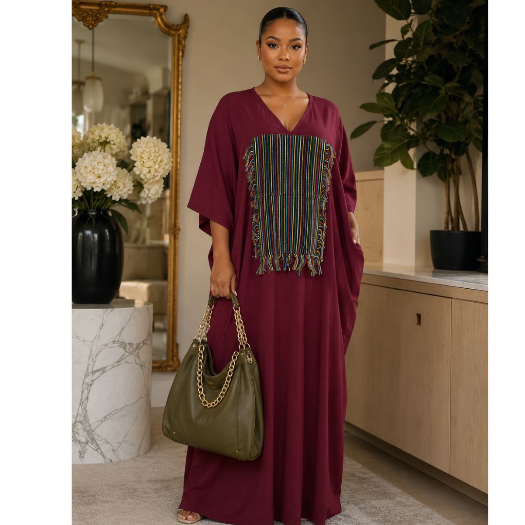 Burgundy Aso-Oke Fringe Maxi Boubou Kaftan Dress | Elegant Oversized Occasion Wear Size 8-16