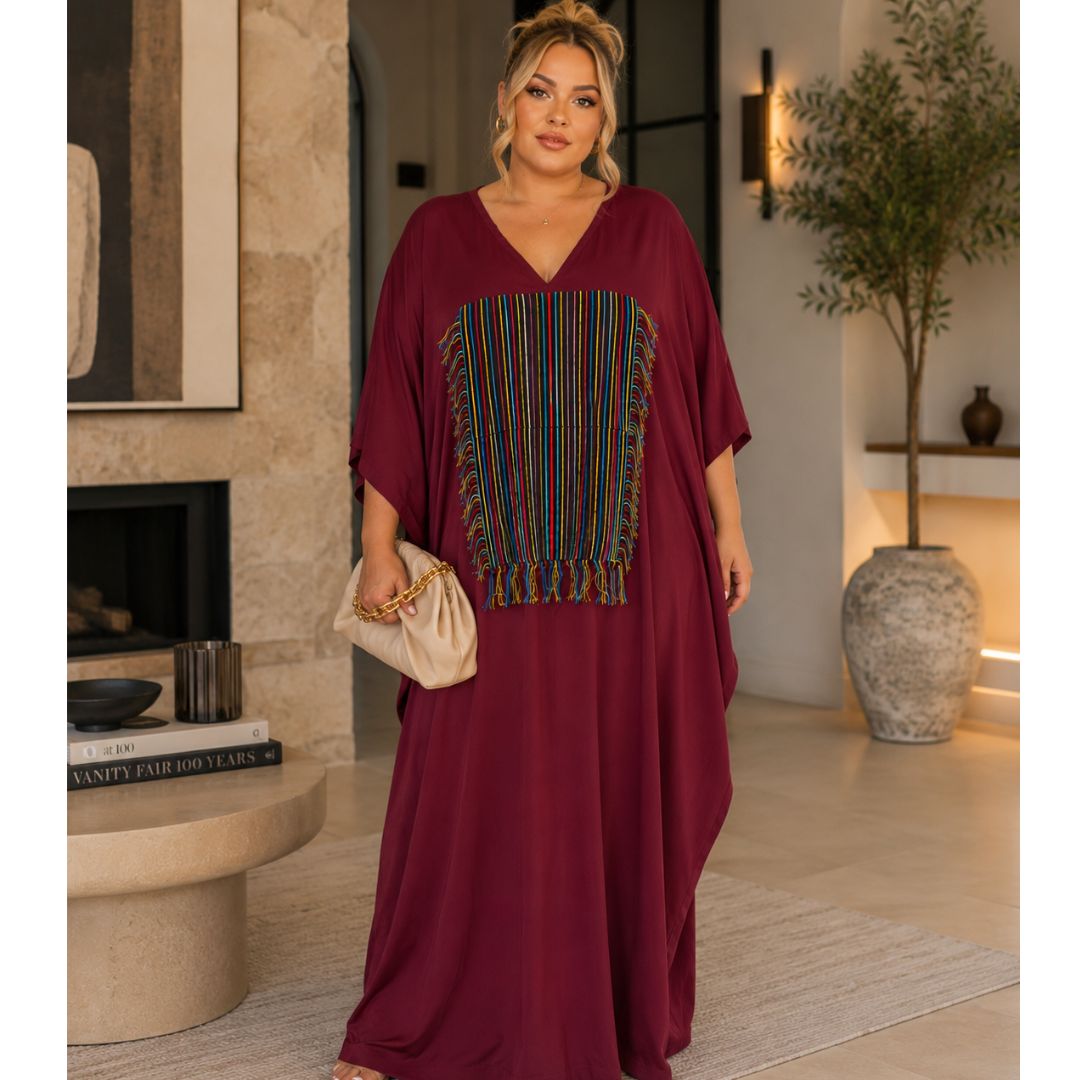 Burgundy Aso-Oke Fringe Maxi Boubou Kaftan Dress | Elegant Oversized Occasion Wear Size 8-16
