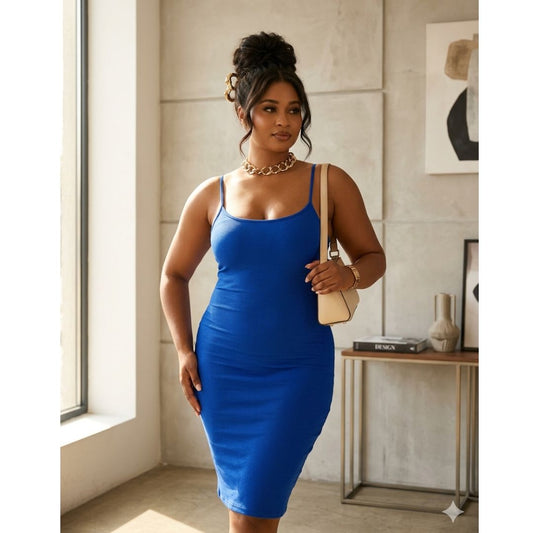 SKxN Luxe Built in Shape-wear Summer Short Midi Dress Blue