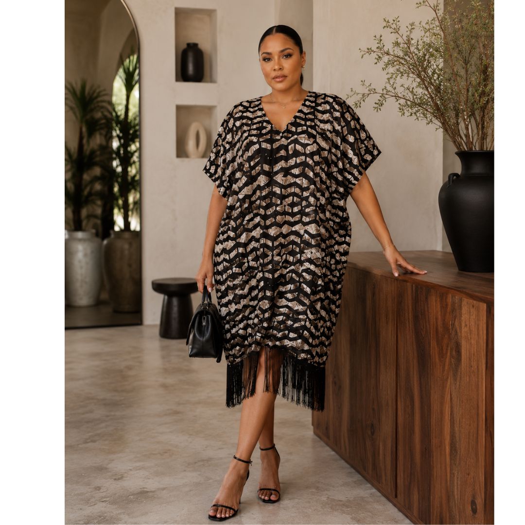 GWB Chocolate Brown African Print Oversized Fringe Kaftan Dress